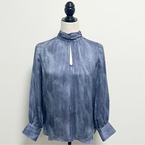 White House Black Market Satin High Mock Neck Keyhole Long Sleeve Blouse Petite